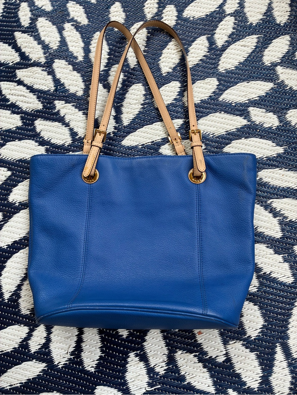 Michael Kors Blue Jet Set Leather Tote with Tan Straps